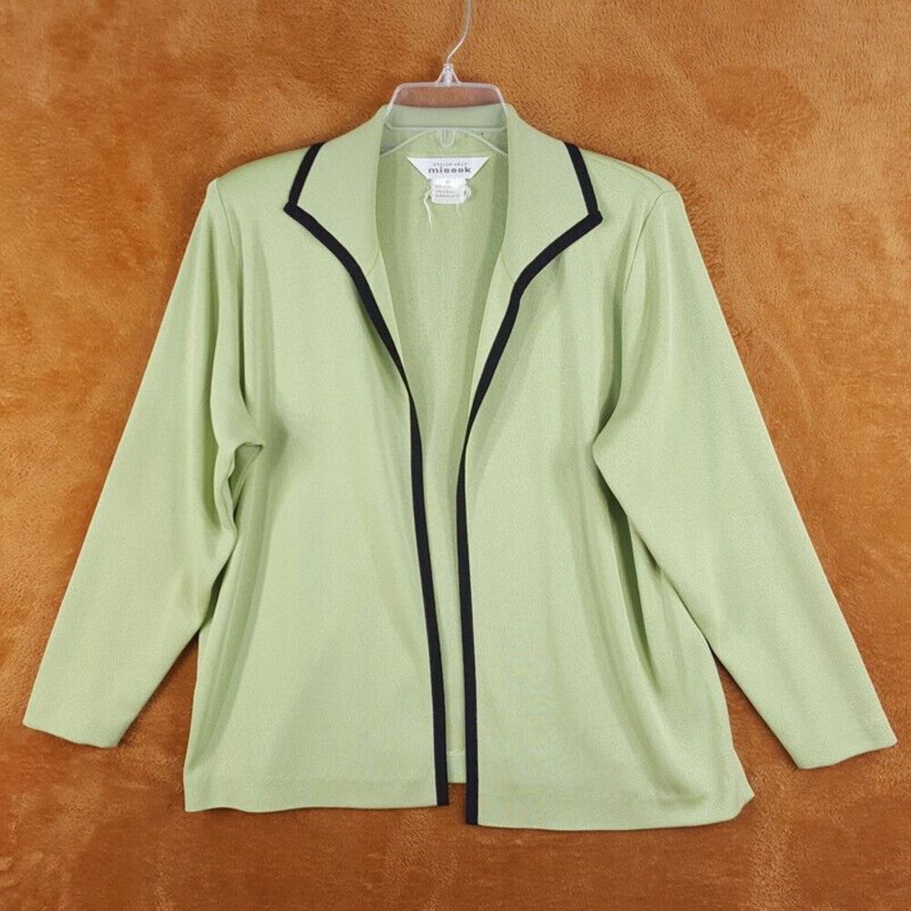 MISOOK Womens Sweater Medium Green Cardigan Open Slinky Knit Contrast Trim
